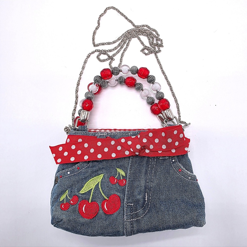 Y2K Denim Cherry Embroidery Mini Bag Beaded Handle Red Polka Dot Bow Crossbody